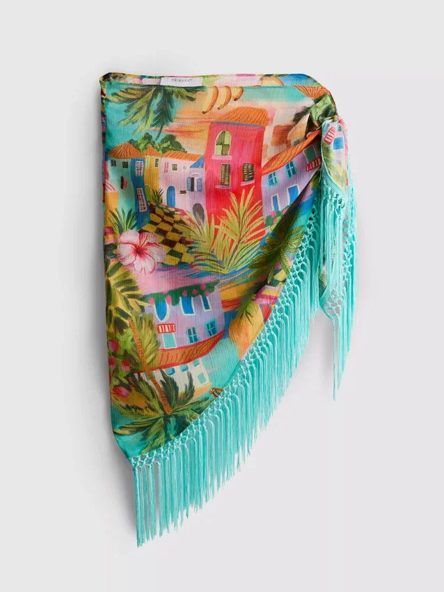 Sarong cu franjuri și imprimeu tropical Sarong cu franjuri și imprimeu tropical
