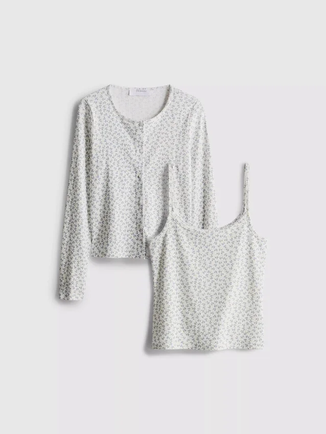 Set cardigan și maiou cu model Pointelle Set cardigan și maiou cu model Pointelle