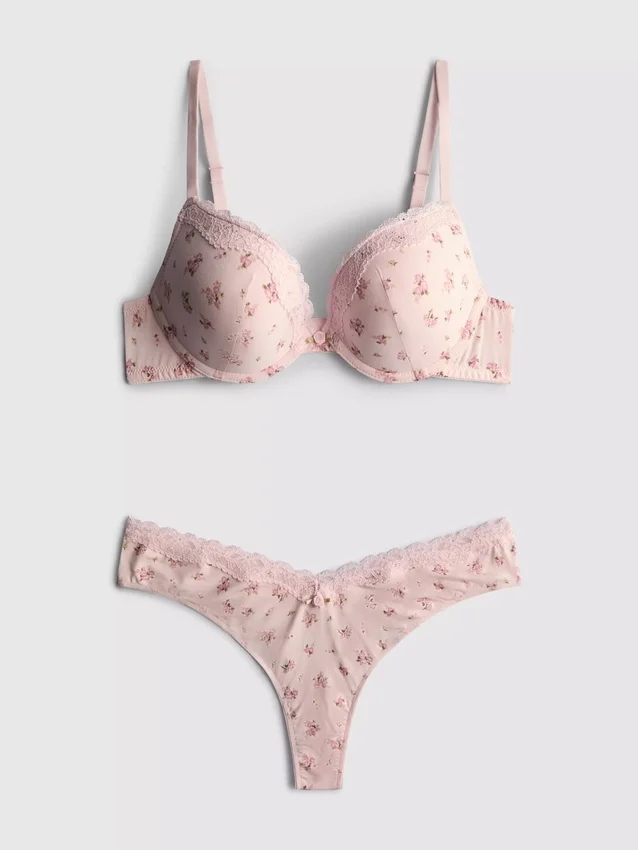 Set cu sutien push-up imprimat și tanga Set cu sutien push-up imprimat și tanga