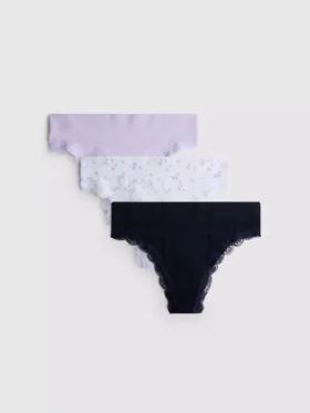 Set de 3 tanga din dantelă cu nervuri, fără cusături