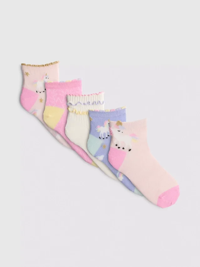 Set de 5 perechi de Șosete scurte cu imprimeu de unicorn Set de 5 perechi de Șosete scurte cu imprimeu de unicorn