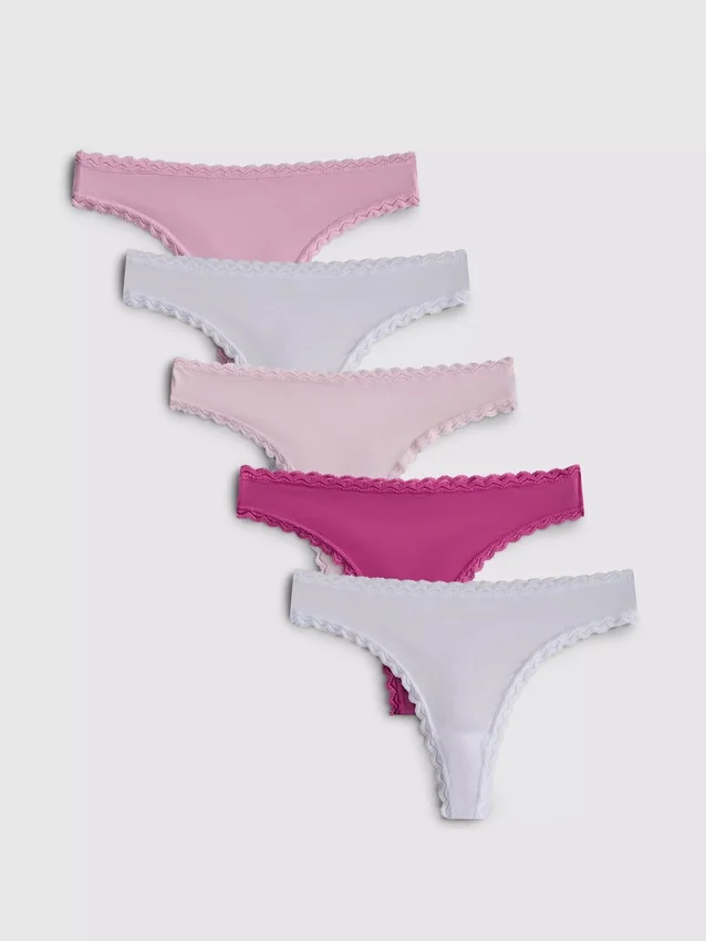 Set de 5 tanga din microfibră cu bordură din dantelă Set de 5 tanga din microfibră cu bordură din dantelă