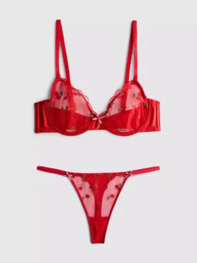 Set de lenjerie intimă din plasă cu broderie cu cireșe