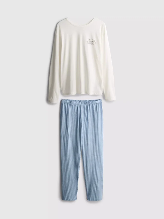 Set de pijamale din bumbac cu guler rotund și imprimeu Set de pijamale din bumbac cu guler rotund și imprimeu