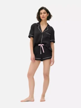 Set de pijamale scurte din satin, stil boyfriend