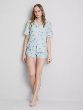 Set de pijamale scurte tip „boyfriend” cu imprimeu „Breakfast”