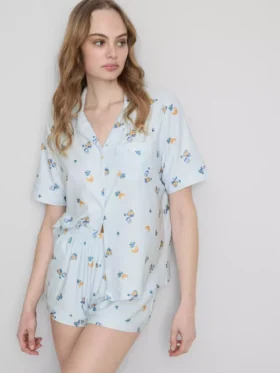 Set de pijamale scurte tip „boyfriend” cu imprimeu „Breakfast”