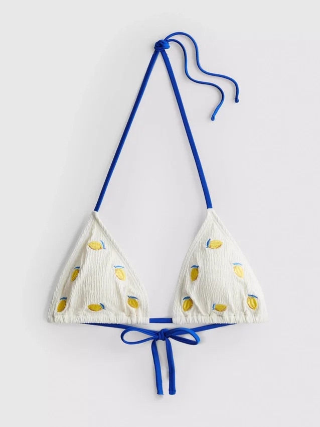 Sutien de bikini triunghiular cu textură și imprimeu cu lămâi Sutien de bikini triunghiular cu textură și imprimeu cu lămâi