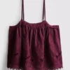 Top cu bretele subțiri din bumbac, cu broderie florală Top cu bretele subțiri din bumbac, cu broderie florală