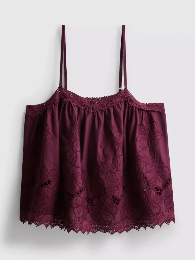 Top cu bretele subțiri din bumbac, cu broderie florală Top cu bretele subțiri din bumbac, cu broderie florală