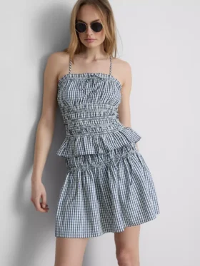 Top cu bretele subțiri, peplum și imprimeu gingham plisat
