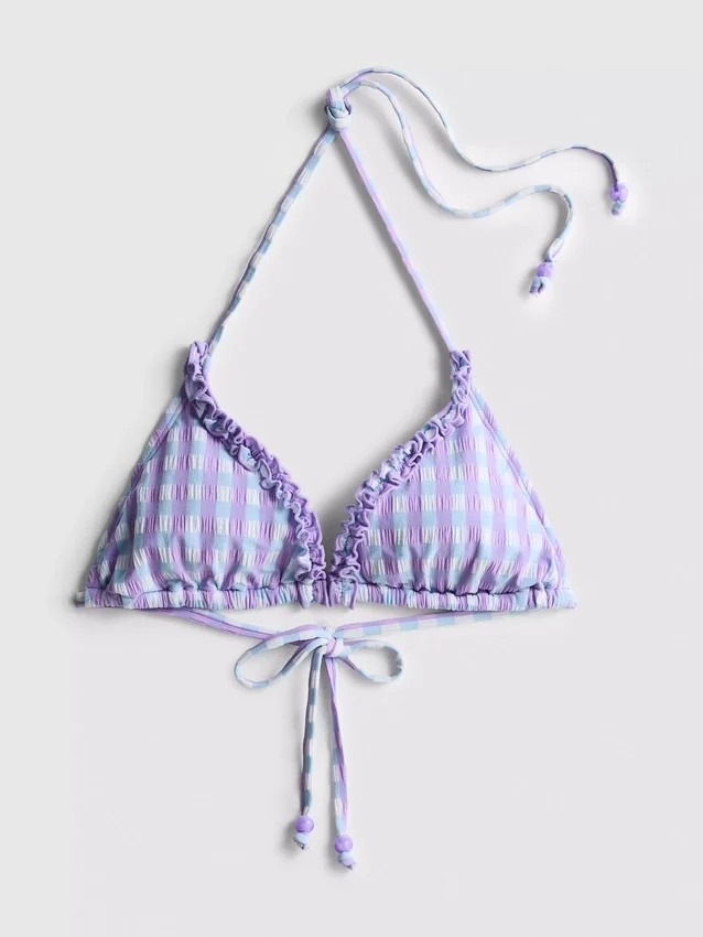 Top de bikini triunghiular cu volane în carouri Top de bikini triunghiular cu volane în carouri