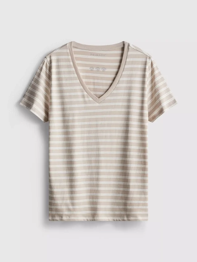 Tricou din bumbac cu dungi și guler în V Tricou din bumbac cu dungi și guler în V