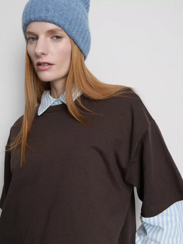 Tricou din bumbac cu guler rotund și croială dreptă Tricou din bumbac cu guler rotund și croială dreptă