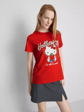 Tricou lejer din bumbac Hello Kitty cu imprimeu de căpșuni