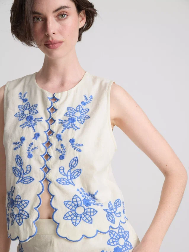 Vestă din bumbac cu broderie florală Vestă din bumbac cu broderie florală