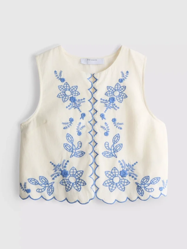 Vestă din bumbac cu broderie florală Vestă din bumbac cu broderie florală